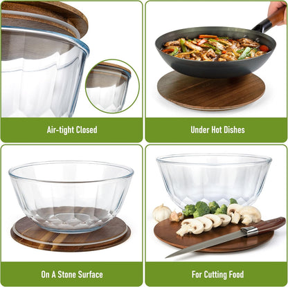 Set of 4 Stackable Space-Saving Nesting Glass Bowls with Airtight Acacia Lids for Lunch, Meal & Food Prep - Microwave & Oven-ready BPA Free Durable Heat Resistant Inert Borosilicate Glass