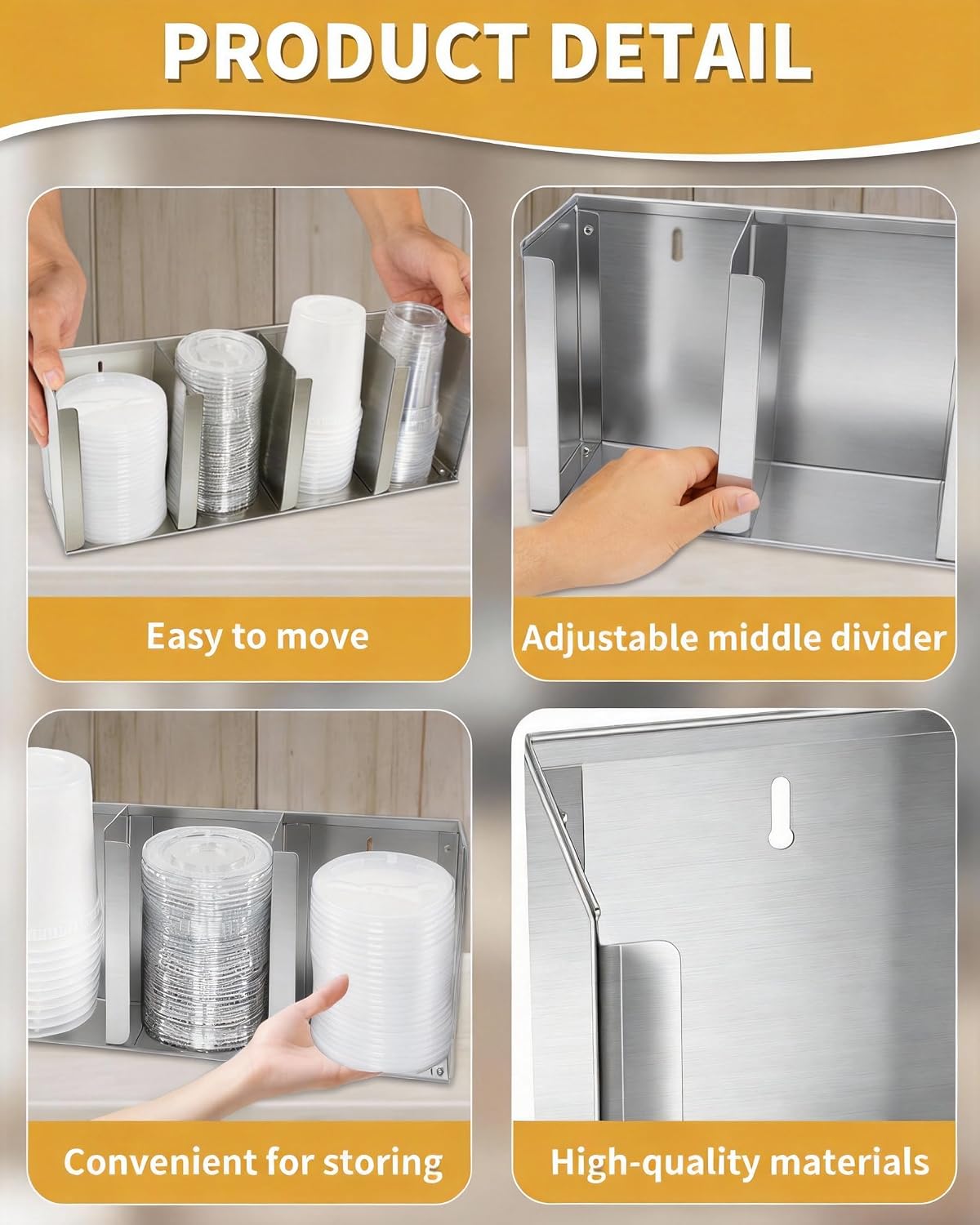 Stainless Steel Cup Dispenser,3 Compartments Cup Holder and Lid Holder with Adjustable Dividers,Cup Organizer for Kitchen Cabinets Cafe Shop Restaurant,Includes Straw Holder