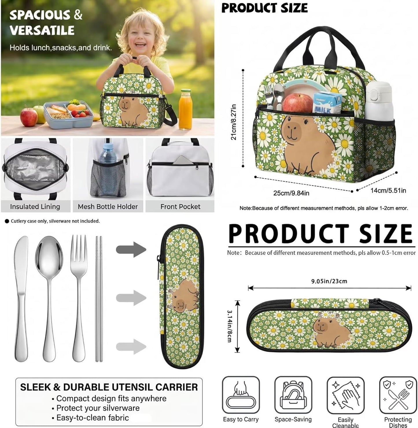 Cute Capybara Pizza Backpack for Girls, 5 Pcs Boys School Bag Set for Kids, 17 Inch Backpacks Lunch Pencil Box Reusable Utensils Case Set for Middle Elementary School, 3rd Grade Backpack
