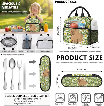 Cute Capybara Pizza Backpack for Girls, 5 Pcs Boys School Bag Set for Kids, 17 Inch Backpacks Lunch Pencil Box Reusable Utensils Case Set for Middle Elementary School, 3rd Grade Backpack