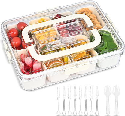 (2Pcs)Divided Serving Tray with Lid,Snackle Box Container with Lid,Snack Box Container with Cutlery Storage,8 Fruit Forks,2Spoons,Fruit Tray,Portable Snack Organizer,8 Compartments snack tray with lid