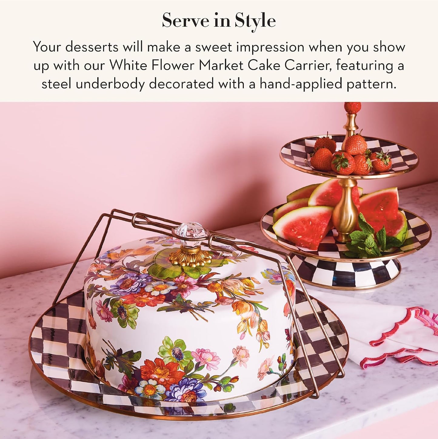 MACKENZIE-CHILDS Cake Carrier, Cake-Dish Serving Platter with Lid and Handles, White Flower Market with Black-and-White Courtly Check