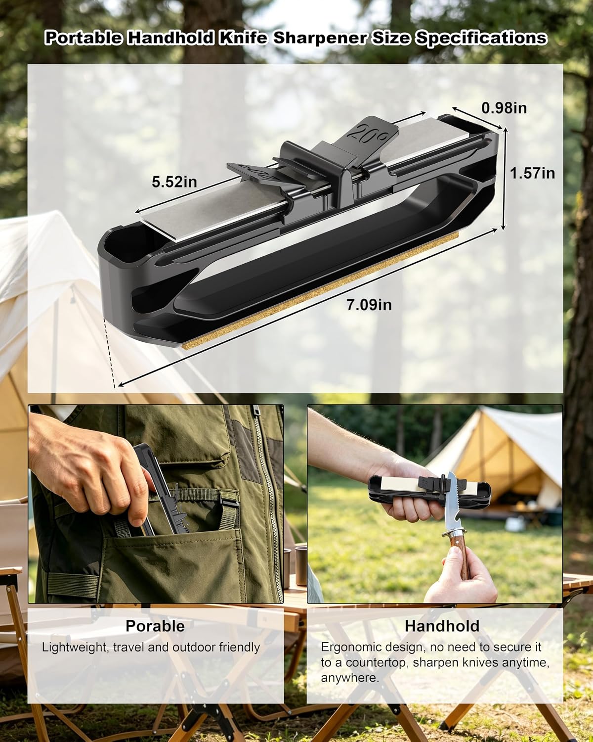 Handheld Angle Guide Knife Sharpener with 20° Angle Guide, Dual-Sided Stone