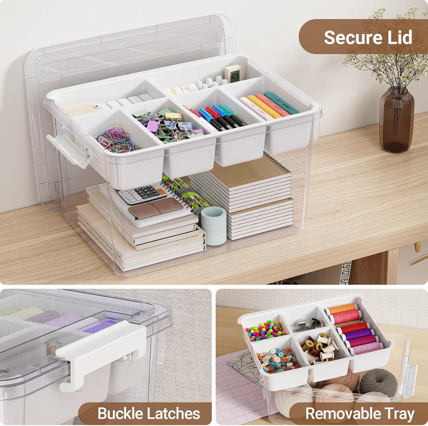 40Qt Stackable Storage Bins with Lids & Trays, Clear Plastic Latching Boxes Organizers with Dividers Portable 10Gal Containers for Arts & Crafts, Home and Car Trunk Organization, 2Pack