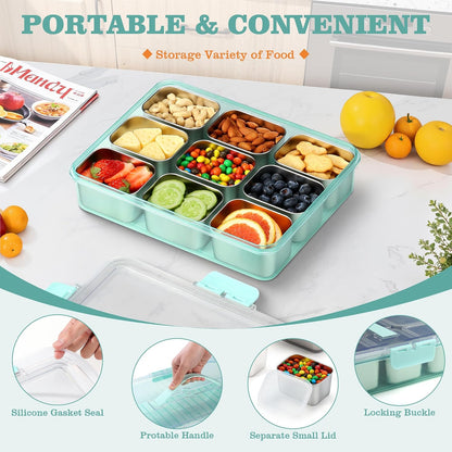 Snackle Box Container, Stainless Steel Snack Containers for Adults, 9 Compartments Divided Serving Tray with Lids and Handle, Portable Snack Platter for Parties, Grey