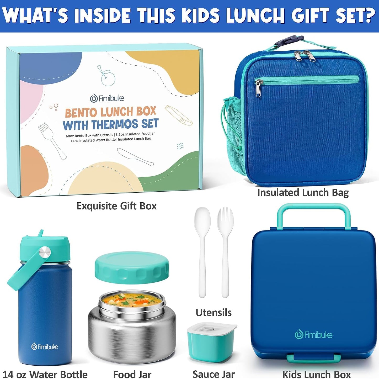 Fimibuke Kids Bento Lunch Box with Thermo, Leakproof Toddler Bento Box with 8.5 OZ Insulated Food Jar, Lunch Bag, Kids Water Bottle, 3 or 4 Compartment Container for Back to School Toddler Girls Boys