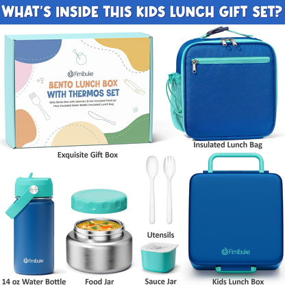 Fimibuke Kids Bento Lunch Box with Thermo, Leakproof Toddler Bento Box with 8.5 OZ Insulated Food Jar, Lunch Bag, Kids Water Bottle, 3 or 4 Compartment Container for Back to School Toddler Girls Boys