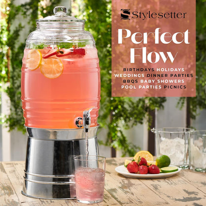 Style Setter Oak Grove Glass Beverage Dispenser with Stand - 2.5 Gallon Drink Dispenser with Galvanized Base & Leak-Proof Acrylic Spigot - Birthday, Wedding, Party Drink Dispenser with Stand