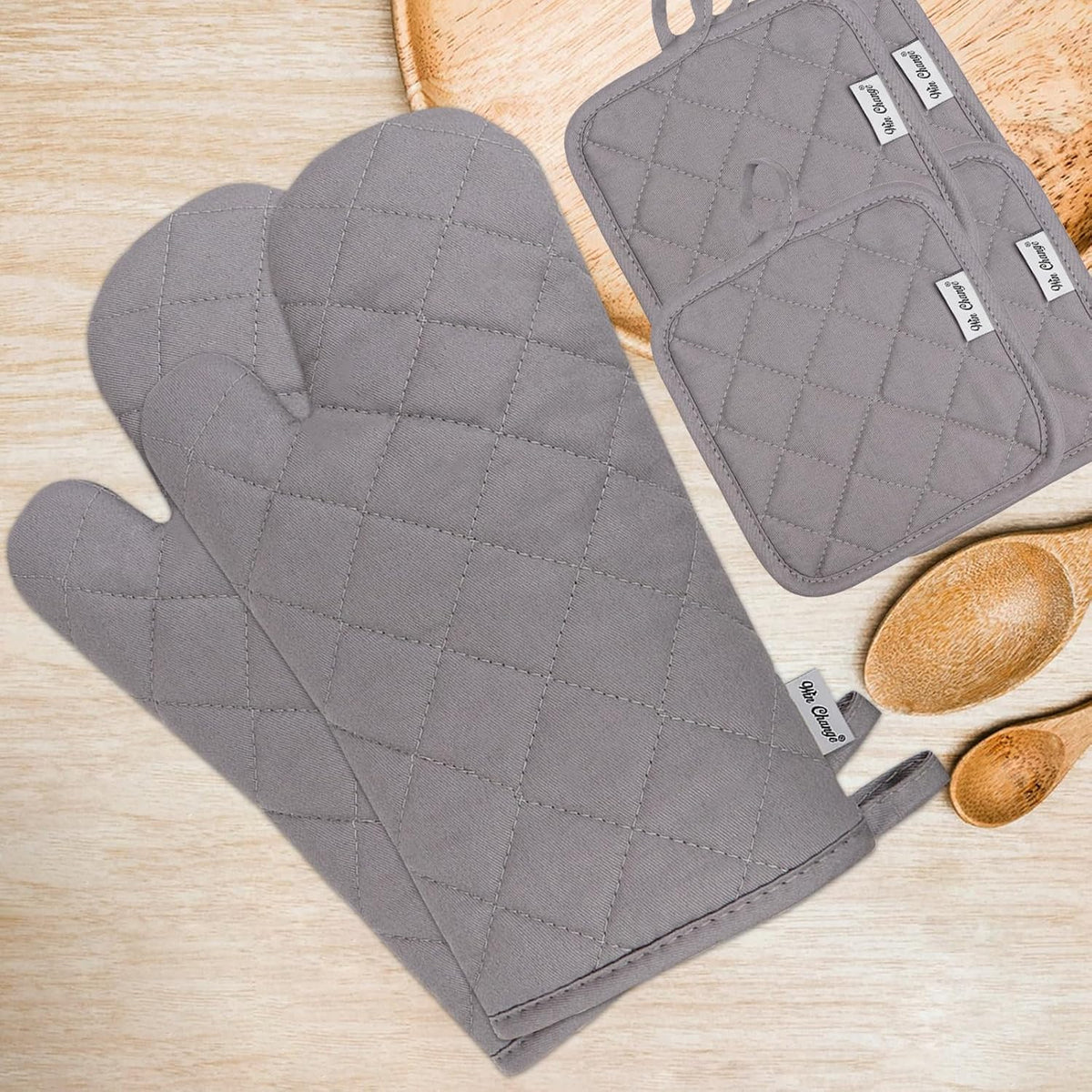 Oven Mitts and Pot Holders Sets,6 Pcs Oven Mitts and Potholders with Recycled Cotton High Heat Resistant Extra Thick Long Oven Mitts for Cooking(Black)
