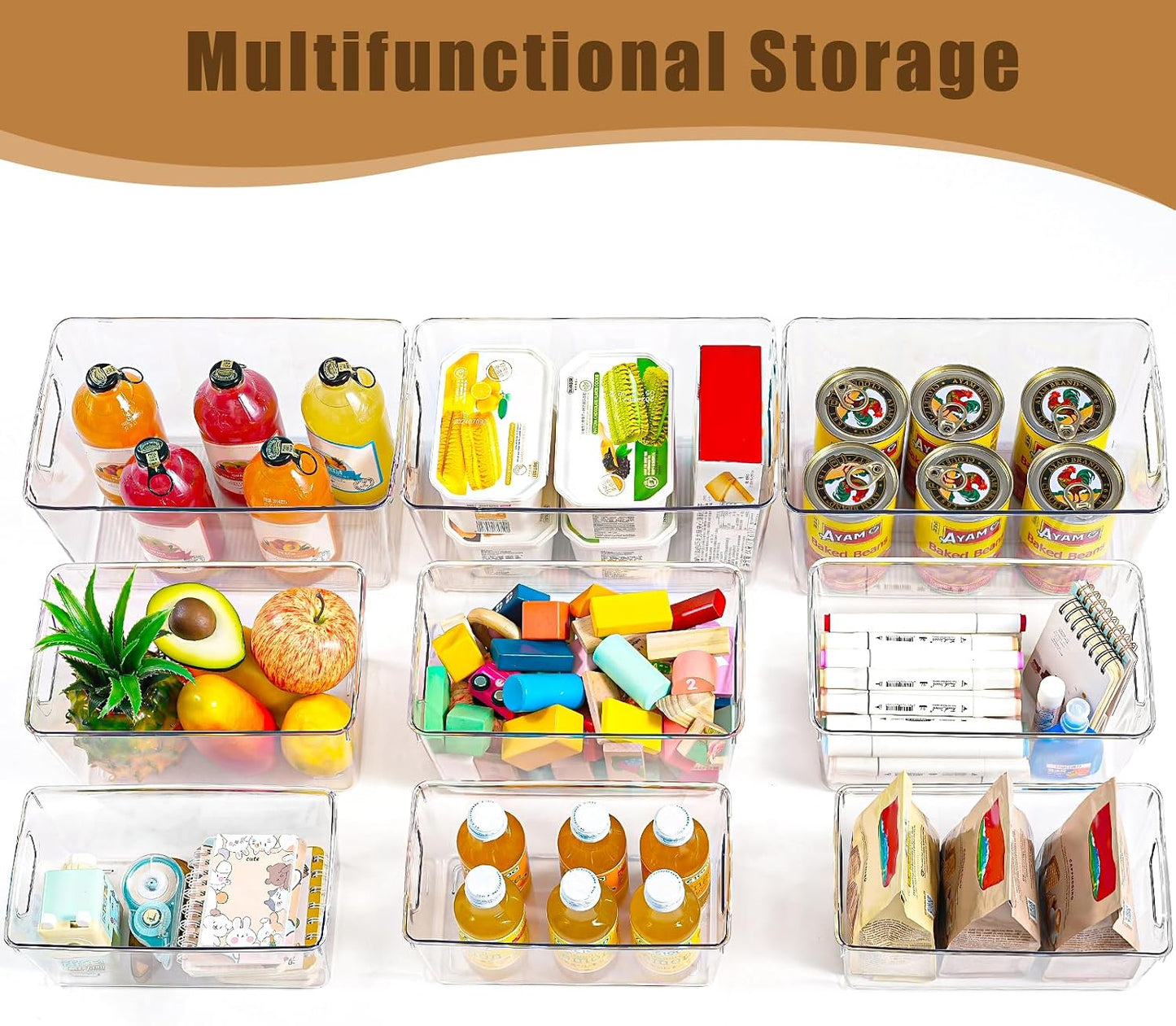 Freebat 12 Pack Middle Organizers and Storage, Pantry Organization and Storage Bins, Cabinet Organizer, Clear Plastic Storage Containers with Handle，Acrylic Storage Bins for Cabinet, Fridge