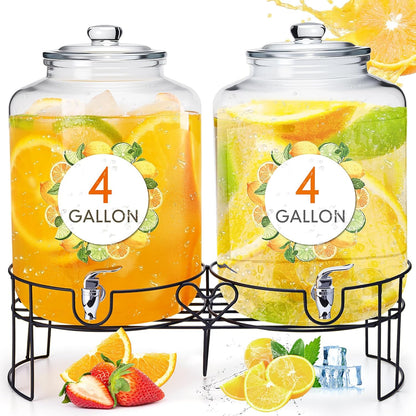 Honeydak 2 Pack 3 Gallon Glass Drink Dispenser for Parties Glass Beverage Dispenser with Stand and Spigot Leakproof Iced Water Storage Lemonade Juice Jar Mason with Lids for Wedding Parties Kitchen