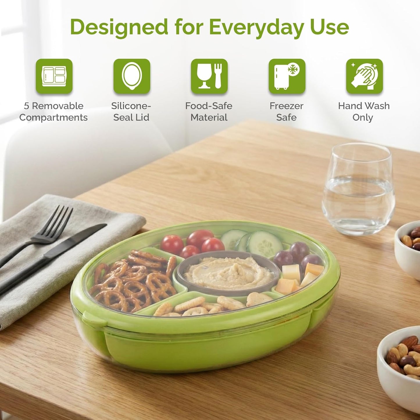 Divided Serving Tray with Lid, 5 Removable Compartments Snack & Veggie avocado shaped Tray with Center Dip Bowl, Portable Food Storage Container for Fruit, Charcuterie, Travel, Work & Parties