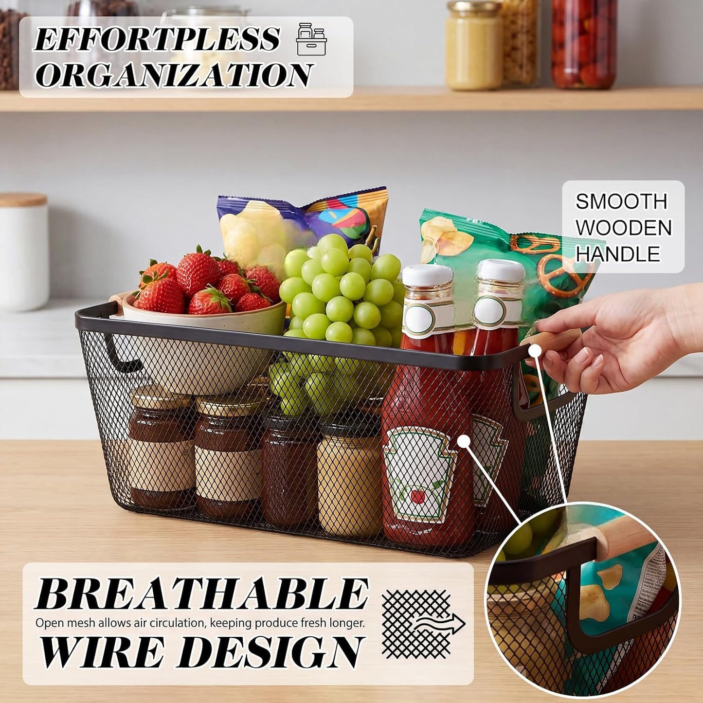 Sawysine 6 Pack Wire Mesh Baskets for Organizing with Wooden Handles 12.2 x 8.27 x 5.51 Inch Metal Mesh Storage Bins Black White Gray Fruit Vegetable Containers for Pantry Kitchen Office