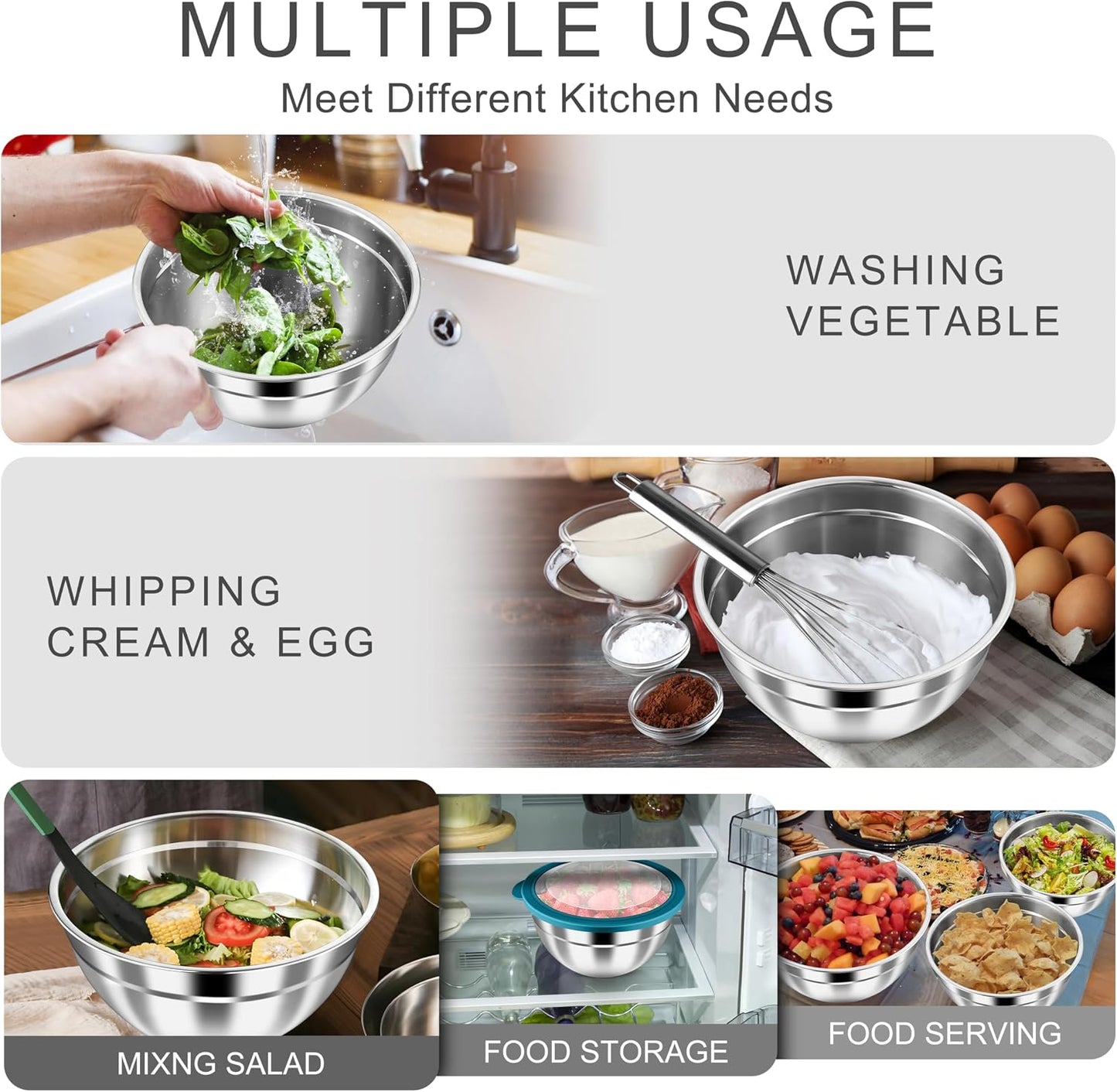 HaWare Mixing Bowls with Airtight Clear Lids, 6-Piece Stainless Steel Strong Nesting Bowls Set, Metal Salad Bowl for Cooking, Prepping, Baking, Serving & Food Storage, Size 4.6, 3, 1.5QT, Khaki