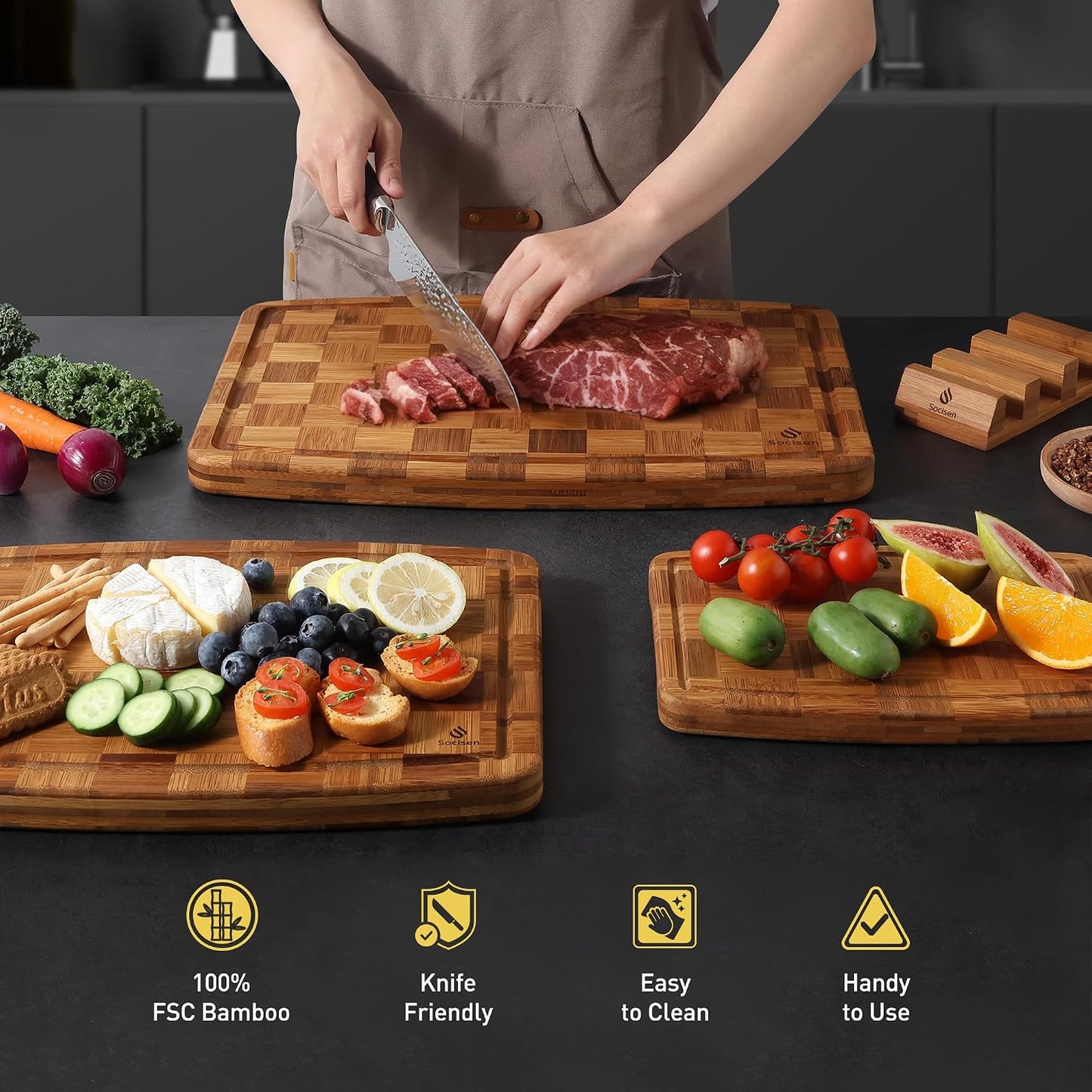 3 Pack Bamboo Cutting Board Set Non Toxic Wooden Cutting Board for Kitchen Non Slip Solid End Grain Thick Wood Juice Groove Chopping Board Edge Grain Teak Smart Marble Flexible Round Stone Metal