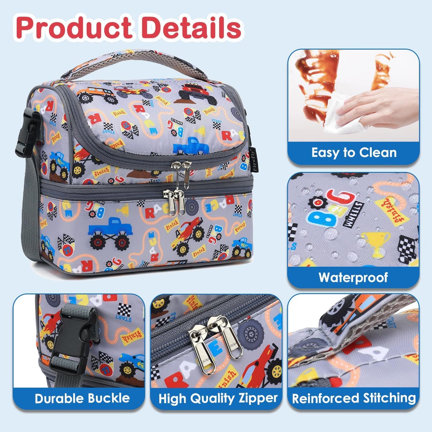 FlowFly Kids Double Decker Cooler Insulated Lunch Bag Large Tote for Boys, Girls, Men, Women, With Adjustable Strap, Unicorn