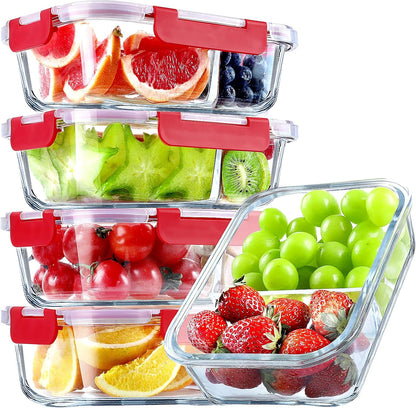 VERONES 5 Pack Glass Meal Prep Containers 2 Compartment Set, 36OZ Airtight Lunch Containers, Glass Food Storage Containers with Lids, for Microwave, Oven, Freezer & Dishwasher Friendly,White