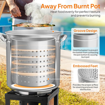 Bonnlo 30QT Aluminum Stock Pot for Boiling Seafood, Crawfish & Crab, Frying Turkey & Steaming Tamales, Large Boil Pot with Strainer Basket, Lid, Lifting Hook & Steamer Rack for Outdoor Cooking