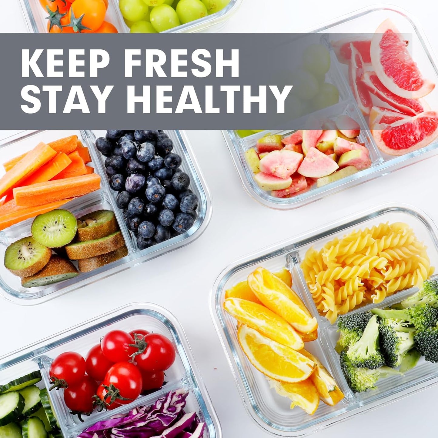 VERONES 5 Pack Glass Meal Prep Containers 3 Compartment Set, 36OZ Airtight Glass Lunch Containers, Glass Food Storage Containers with Lids, for Microwave, Oven, Freezer & Dishwasher Friendly,Green