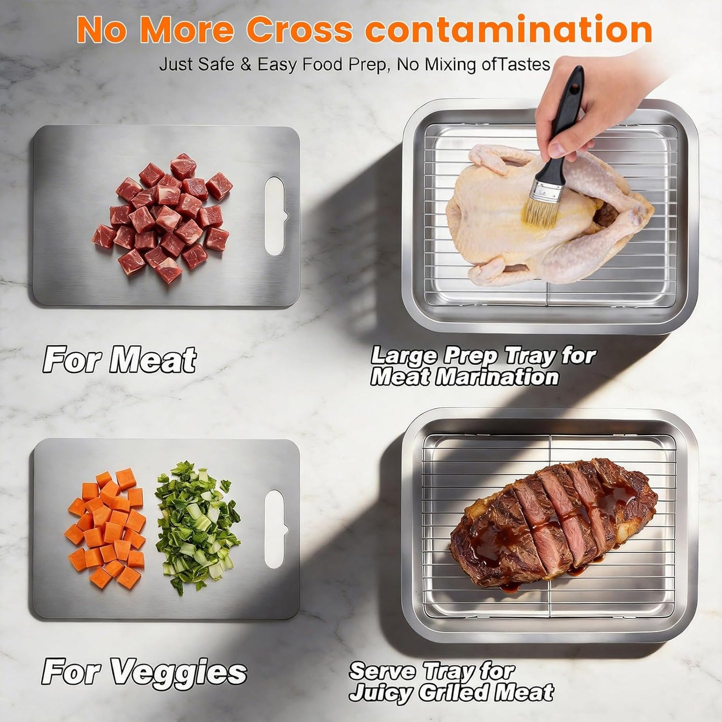 Grilling Prep and Serve Trays, Grill Carry System Set of 6 - Stainless Steel Grill Platter,Marinade Container with Lid, Prep Trays,Cutting Board and Food Tong, for Food Prep, Marinating, Roasting, BBQ