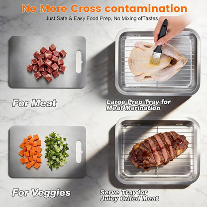 Grilling Prep and Serve Trays, Grill Carry System Set of 6 - Stainless Steel Grill Platter,Marinade Container with Lid, Prep Trays,Cutting Board and Food Tong, for Food Prep, Marinating, Roasting, BBQ