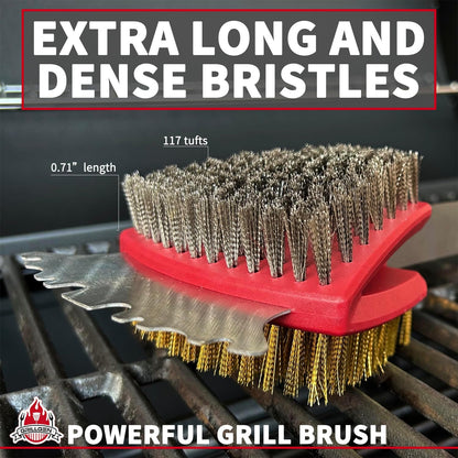 GRILLGEN Dual Sided Grill Brush and Scraper - 16.5" Heavy Duty 117-Hole Planted BBQ Cleaner with Brass & Stainless Steel Bristles - Safe for All Grates: Porcelain, Cast Iron and Steel