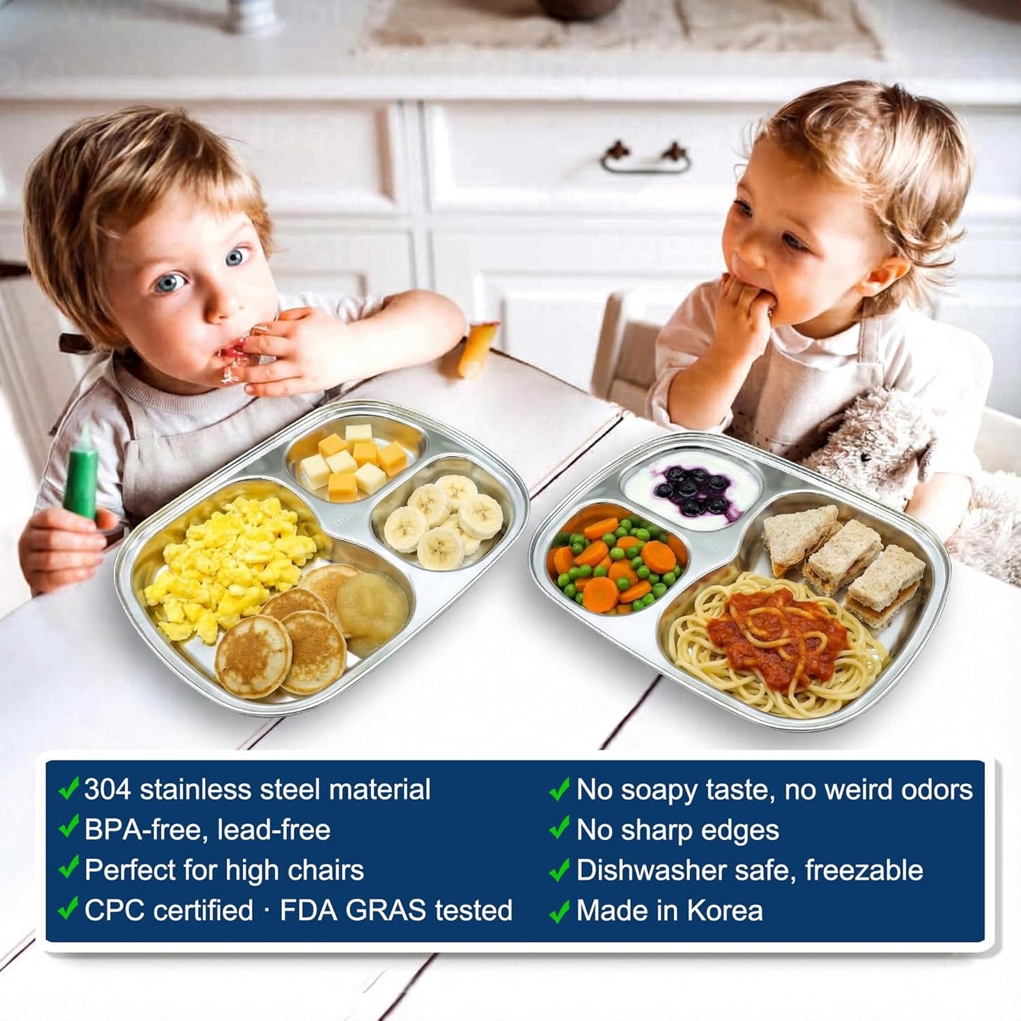 Korean Stainless Steel Divided Plates for Adults, Teens, Premium 304, Electro-Polished, No Black Residue, BPA-Free, Large 5-Compartment Food Tray, Diet Portion Control, Camping, Set of 2