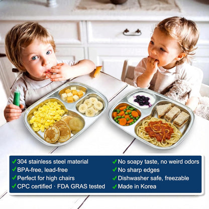 Korean Stainless Steel Divided Plates for Adults, Teens, Premium 304, Electro-Polished, No Black Residue, BPA-Free, Large 5-Compartment Food Tray, Diet Portion Control, Camping, Set of 2