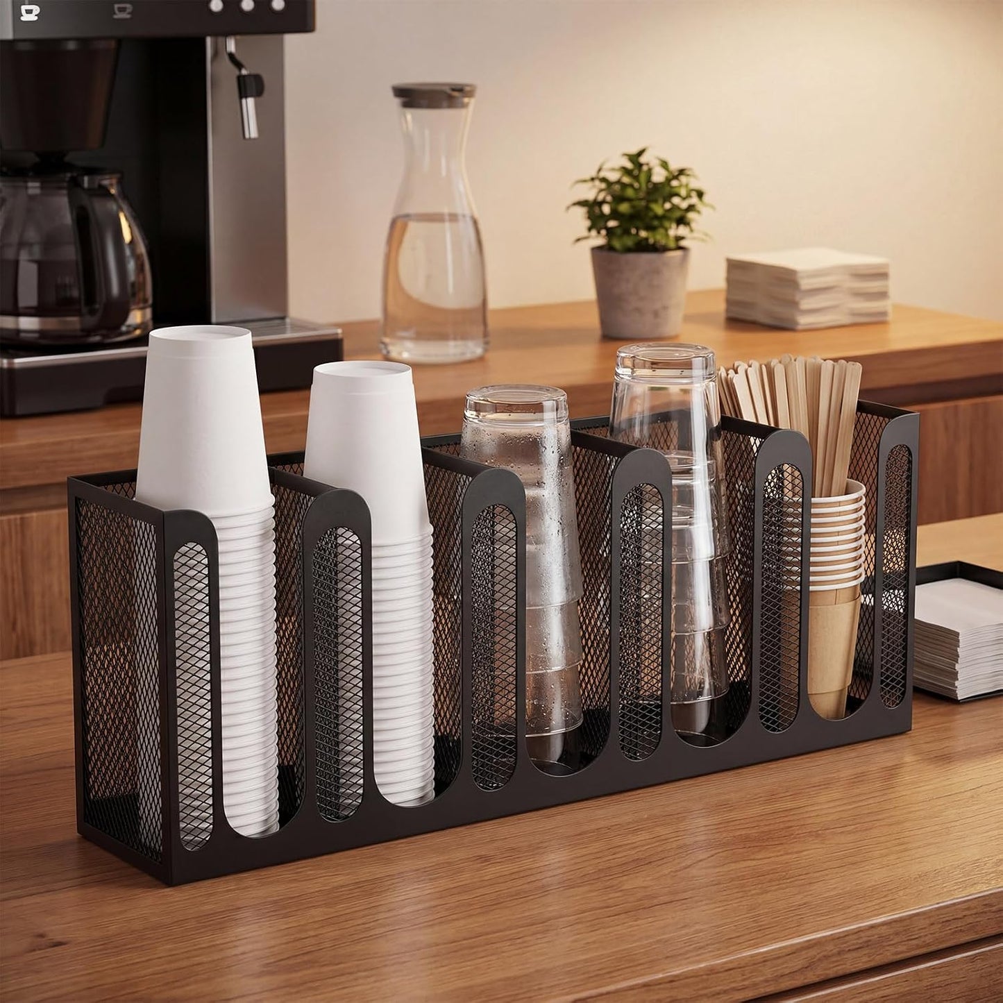 Maxcheck Metal Mesh Cup and Lid Holder Coffee Paper Cup Dispenser Lid Holder Storage Organizer Countertop or Wall Mount for Coffee Bar, Kitchen, Breakroom(4 Compartments,16.1 x 4.1 x 8 Inch)