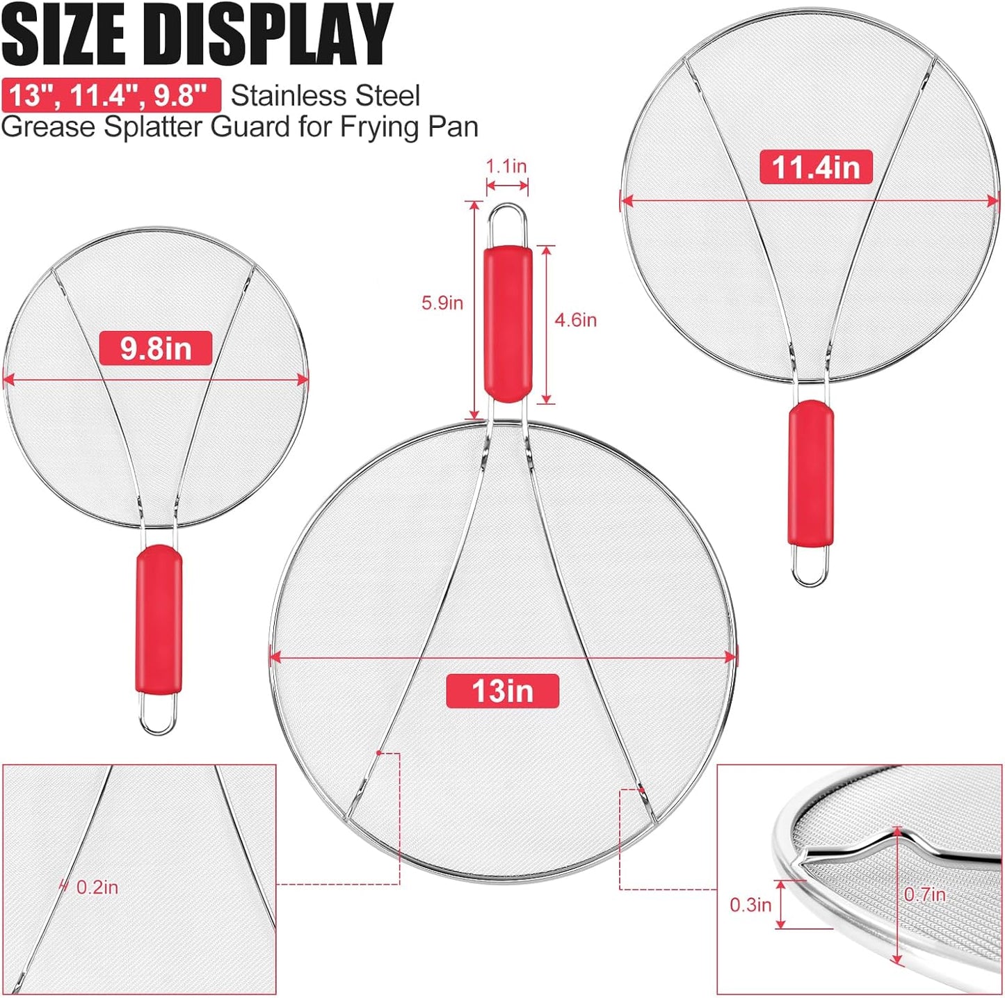 Stainless Steel Splatter Screen for Frying Pan - 9.8" 11.4" 13" Ultra Fine Mesh Grease Splatter Guard, Hot Oil Splatter Guard Shield Grease for Cooking, Kitchen Splash Guard to Prevent Oil Splatter