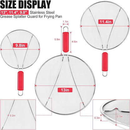 Stainless Steel Splatter Screen for Frying Pan - 9.8" 11.4" 13" Ultra Fine Mesh Grease Splatter Guard, Hot Oil Splatter Guard Shield Grease for Cooking, Kitchen Splash Guard to Prevent Oil Splatter