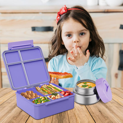 Bento Box for Kids with Thermo Food Container (9oz), 4-Compartment Lunch Box, Adjustable Divider, Leakproof Bento Lunch Box, Includes Utensils & Carry Bag for School, Office(Blue)