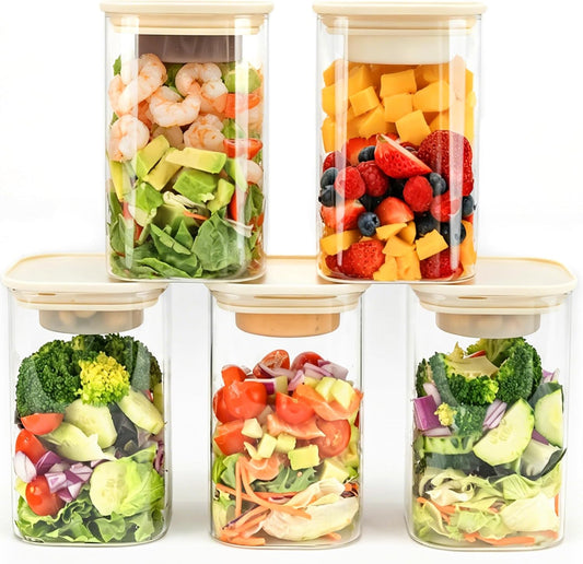 LIBWYS 39oz Large Glass Salad Jars with Lids Meal Prep, 5pack Square Containers for Home Storage & Lunch, Built-In Leakproof Compartments, Wet/Dry Separation for Salad Dressing & Ingredients