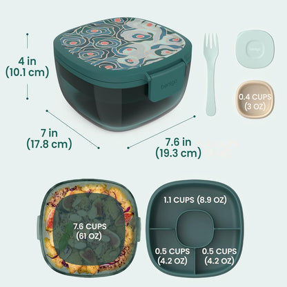 Bentgo Glass Salad Container - 7.6-Cup Salad Bowl with Airtight Lid, Leak-Proof Sauce Container, 4-Compartment Bento Tray & Reusable Fork - BPA-Free for Meal Prep, Office & More (Light Blue)