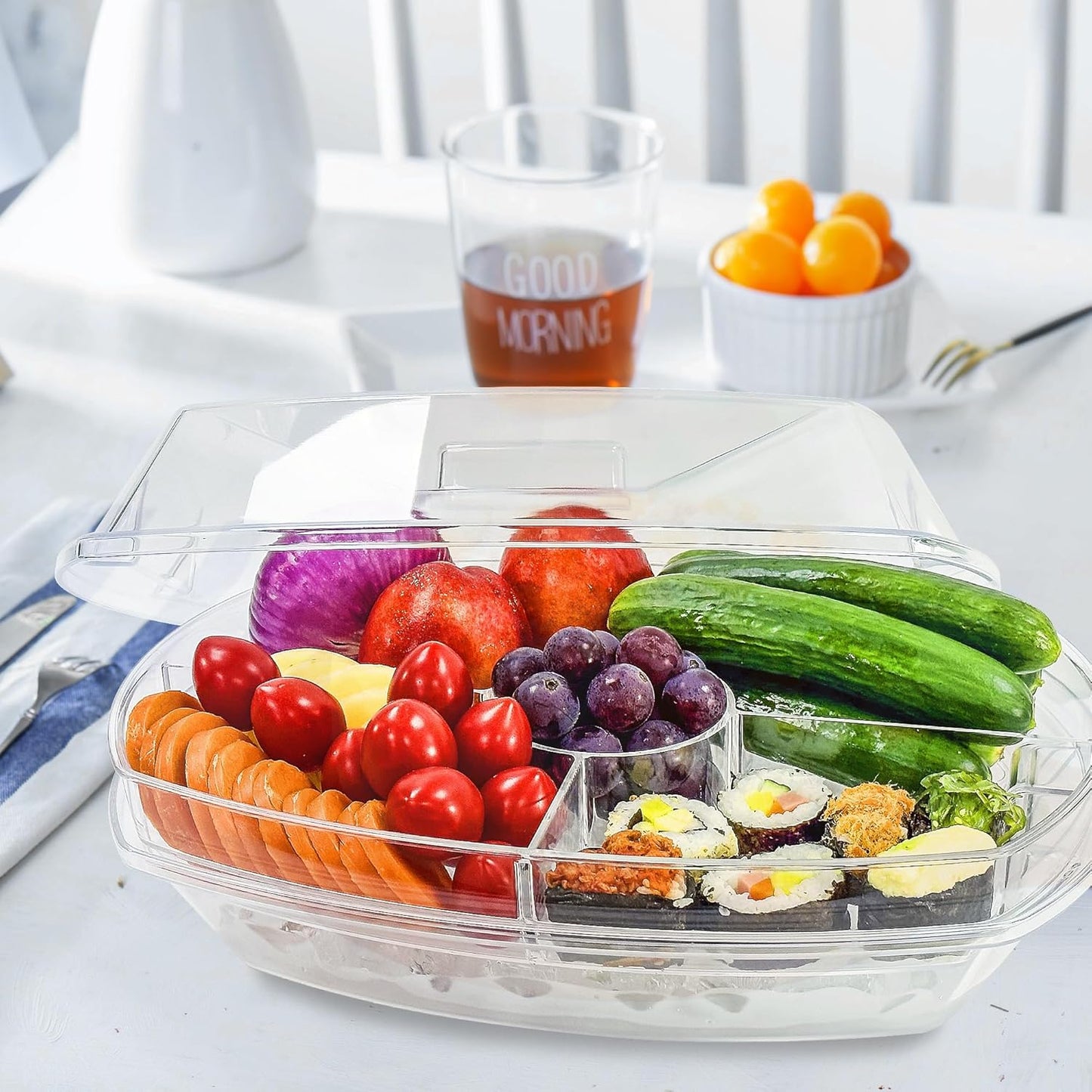 15 Inches Divided Serving Tray, Party Platters and Trays with Lid, Snackle Box Container, Fruit Tray, Veggie Tray, Chilled Serving Trays for Food, Appetizers, Desserts, Cold Food Buffet Server