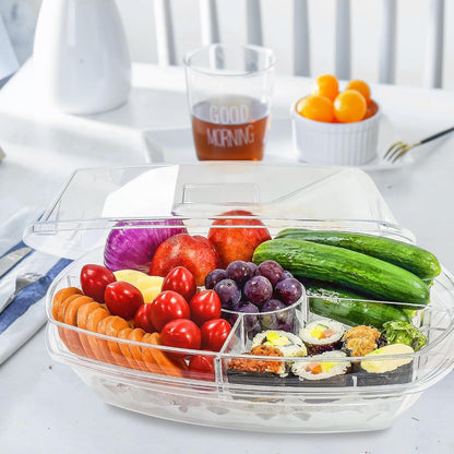 15 Inches Divided Serving Tray, Party Platters and Trays with Lid, Snackle Box Container, Fruit Tray, Veggie Tray, Chilled Serving Trays for Food, Appetizers, Desserts, Cold Food Buffet Server