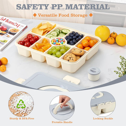 Snackle Box Container, Divided Serving Tray with Lid and Handle, 9 Compartments Snack Box Container for Adults, Portable Charcuterie Serving Platter for Candy Fruit, 9.9 Cups, White Grey