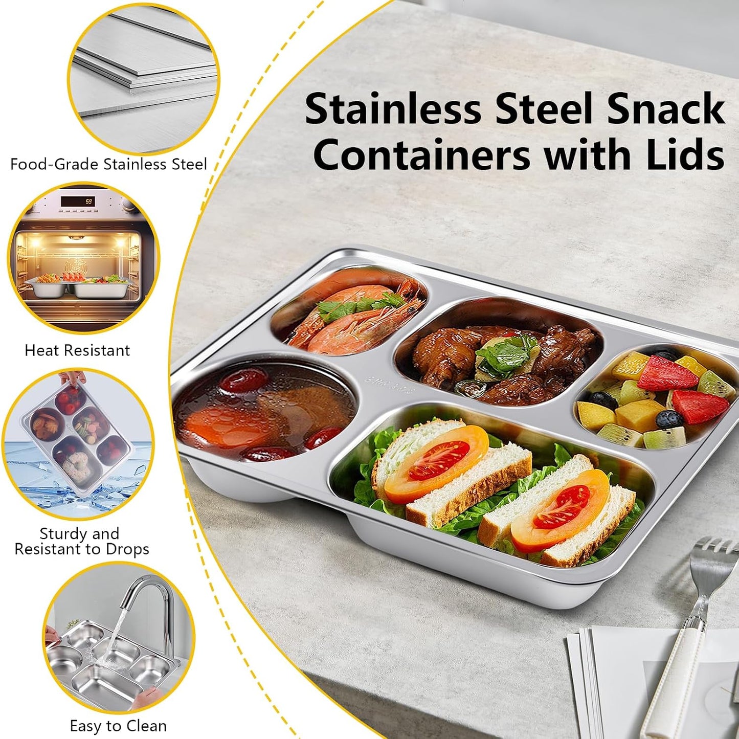 3 Pack Stainless Steel Snack Containers with Lids, 11 x 8.66 In Bento Snack Container with 5 Compartments, Reusable Meal Prep Lunch Trays, Divided Food Storage Container for Home Office Travel