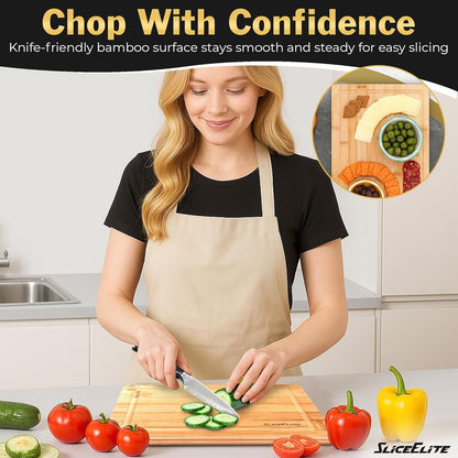 SliceElite Extra Large Bamboo Cutting Board Set 3 Piece End Grain Wooden Chopping Boards with Holder Non Slip Feet Juice Groove XL Butcher Block Style Boards for Kitchen Carving and Serving