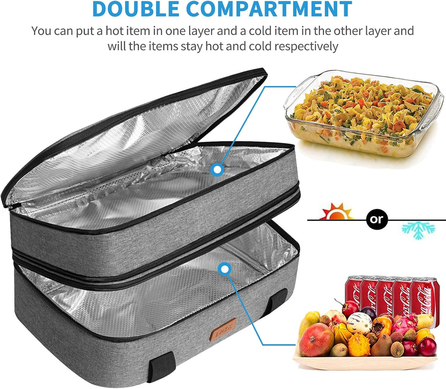 LHZK Double Decker Insulated Casserole Carrier for Hot or Cold Food, Expandable Hot Food Carrier, Lasagna Holder Tote for Potluck Parties, Picnic, Beach, Fits 11 x 15 or 9 x 13 Baking Dish (Black)