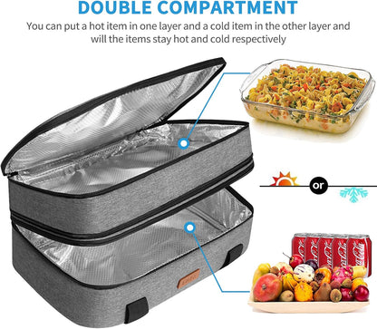 LHZK Double Decker Insulated Casserole Carrier for Hot or Cold Food, Expandable Hot Food Carrier, Lasagna Holder Tote for Potluck Parties, Picnic, Beach, Fits 11 x 15 or 9 x 13 Baking Dish (Black)