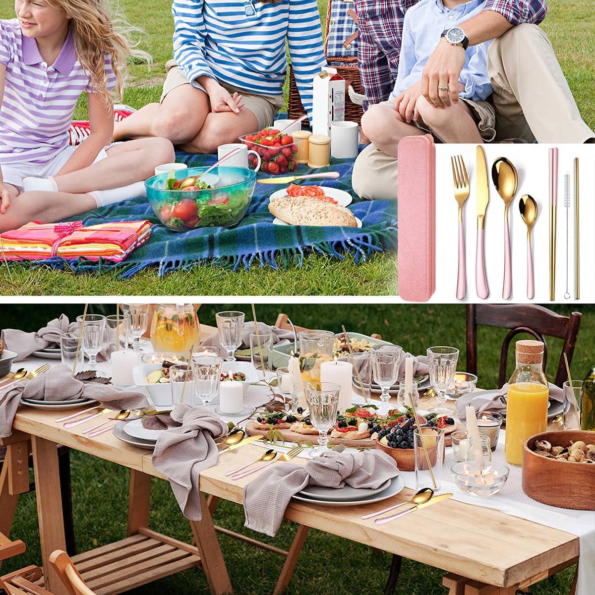 AARAINBOW 7 Pieces Stainless Steel Flatware Set Portable Reusable Cutlery Set Travel Utensils Set Including Chopsticks Knife Fork Spoon Straws Cleaning Brush Dishwasher Safe (B-Pink Golden)