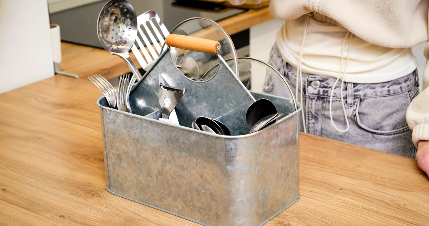 Plexon Metal Utensil Caddy With Handle - Farmhouse Rustic Kitchen Utensil Holder for Party Picnic Table Garden - Tool Cutlery Flatware Silverware Caddy Organizer Storage, Red