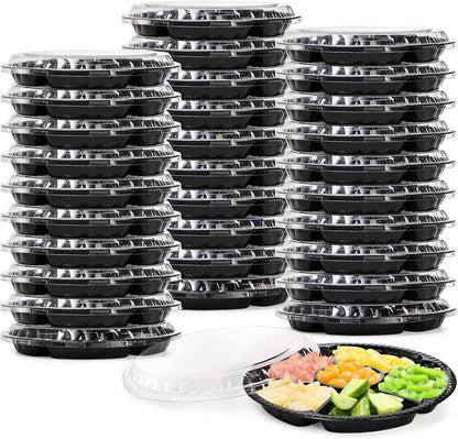 Lawei 30 Pack Plastic Appetizer Trays with Clear Lid, Round Stackable Serving Party Trays, 12 in Banquet Catering Fruit Vegetable Tray, Reusable 6 Divided Food Snack Dip Platter for Outdoor Buffet