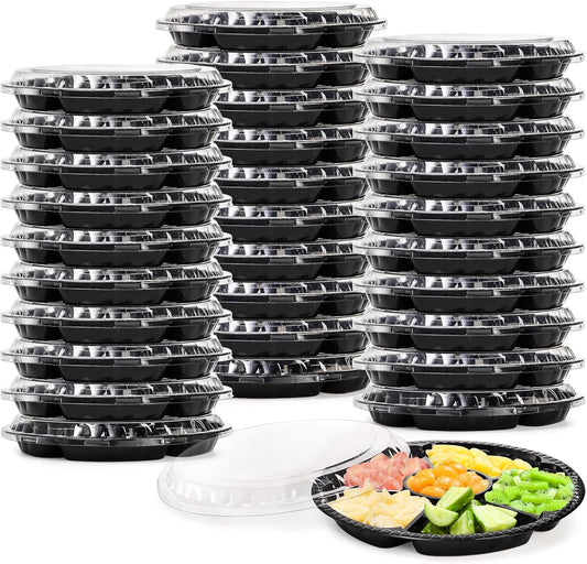 Lawei 30 Pack Plastic Appetizer Trays with Clear Lid, Round Stackable Serving Party Trays, 12 in Banquet Catering Fruit Vegetable Tray, Reusable 6 Divided Food Snack Dip Platter for Outdoor Buffet