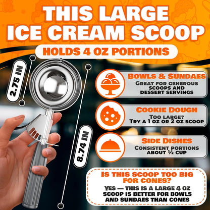 Large Ice Cream Scoop with Trigger Release, Stainless Steel - 4 oz