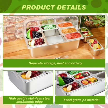 Condiment Tray Stainless Steel Serving Display Set with Lid for Buffet Restaurant Kitchen, Food Chilled Container for Salad Fruit Condiments, Keeps Food Fresh with Ice Box(6 Compartments)