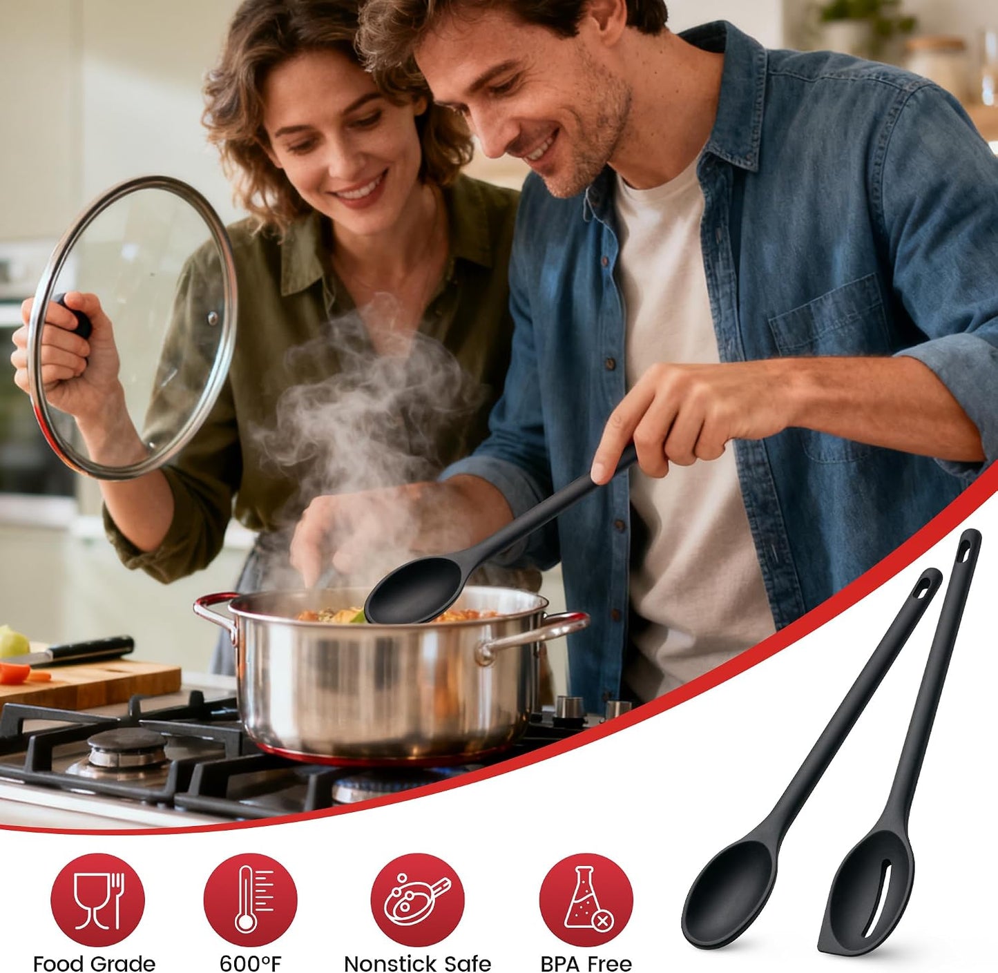 Silicone Spoons for Cooking, 600°F Heat Resistant Cooking Spoon with Solid & Slotted Spoon for Mixing, Serving, Stirring, Scraping, BPA Free Silicone Kitchen Utensil Set, Dishwasher Safe (2Pcs, Black)