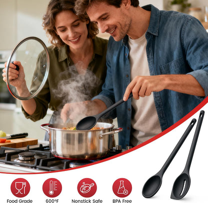 Silicone Spoons for Cooking, 600°F Heat Resistant Cooking Spoon with Solid & Slotted Spoon for Mixing, Serving, Stirring, Scraping, BPA Free Silicone Kitchen Utensil Set, Dishwasher Safe (2Pcs, Black)