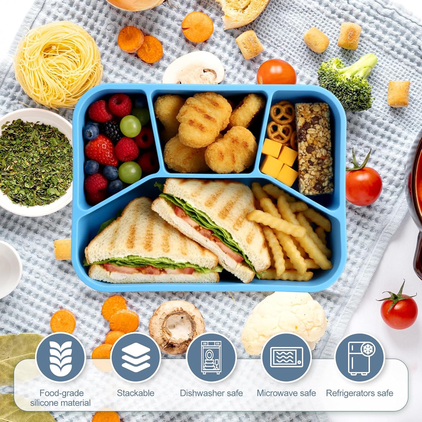 Honeydak 6 Pcs Silicone Bento Box Reusable Lunch Container 4 Compartment Snack Boxes with Lid Smooth LeakProof Rectangle Food Boxes for Adult Work Travel Food Storage (Cute Color)